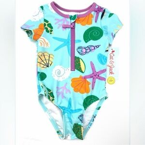 Cat & Jack Toddler Girl Zip Up Ocean Short Sleeve Swim Suit 50+ UPF 12 M